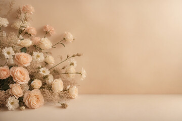 Sweet pastel color of cream roses on a beige background. Flower composition. Concept of...