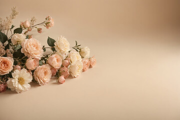 Delicate roses in pastel colors lie on a beige background with empty space. Beige background with roses. Copy space