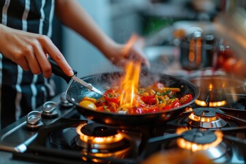 A person cooking food in a frying pan on a stove. Suitable for culinary or cooking-related projects