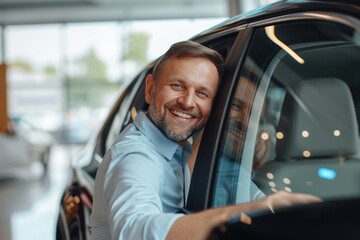 Obraz premium Male customer wearing a shirt wants to buy a new car in a showroom.
