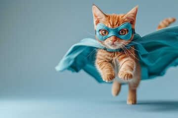 A cute orange tabby cat dons a blue cloak and mask, leaping and flying on a light blue backdrop. A feline superhero, leader, and funny animal in this studio shot.