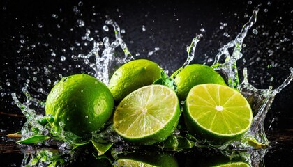 limes with water splash on black background