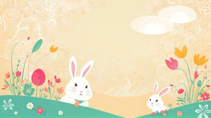 Fototapeta premium An artwork depicting two rabbits surrounded by a vibrant field of flowers