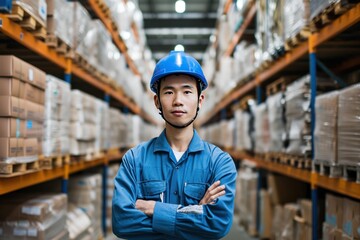 Asian Warehouse man or factory worker with blue hard hat and uniform