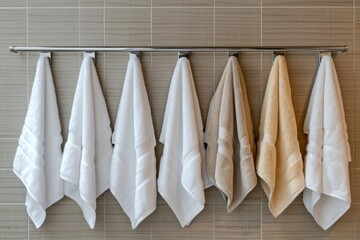 Group of towels neatly hung in a luxury hotel bathroom