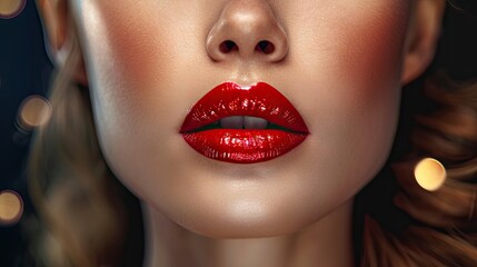 Obraz premium Beautiful red lips close-up. Beauty, cosmetics, makeup and skincare
