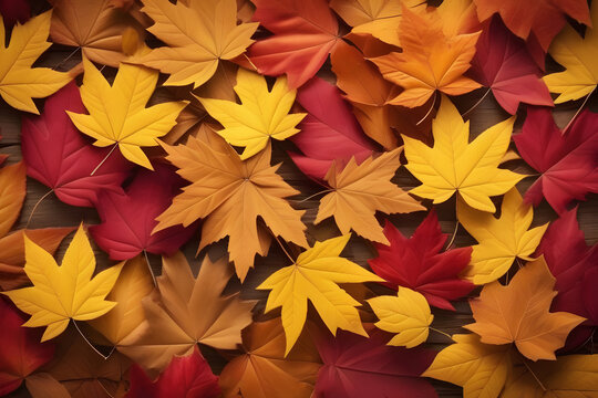 Red, orange, and yellow fall leaves on a brown wooden background with a seamless pattern.