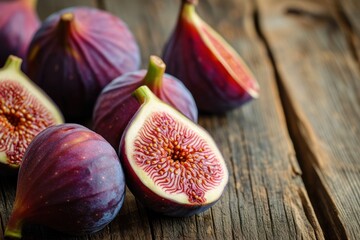 Open fresh figs on an old wooden table