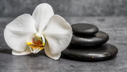 Gordijnen white orchid and black spa stones on the gray background © Josue