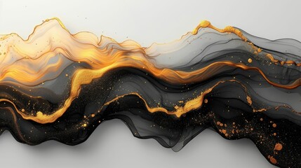 A Wide Panoramic Fluid Art in Bold Gold Streaks on Monochrome Background, Creating a Modern and Luxurious Liquid Wallpaper Design