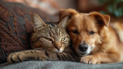  a close up of a cat and a dog laying on a couch with their head on each other's chest and one paw on the other side of the dog's head.