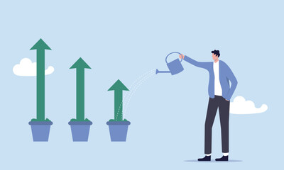 Businessman watering seedling plant with growing green growth arrow, grow business, growth or increase revenue income, personal development, growth mindset or investment profit, prosperity concept