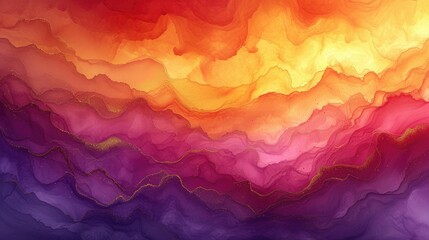 A Wide Panoramic Abstract Fluid Art with Warm Tones of Red, Purple, and Yellow Interlaced with Golden Patterns, Creating a Dreamy and Luxurious Wallpaper Design