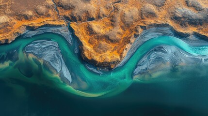 Naklejka premium Unveiling the Curves of Nature: An Aerial Exploration of a River Cutting Through the Landscape, Showcasing Stunning Abstract Patterns