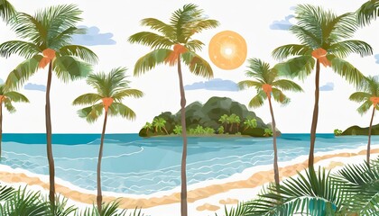 beautiful seamless island pattern on white background landscape with palm trees beach and ocean vector hand drawn style