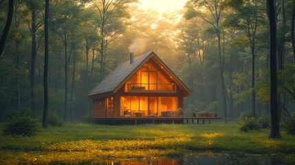 a small cabin in the middle of a forest with a lake in the foreground and the sun shining through the trees on the other side of the cabin,.