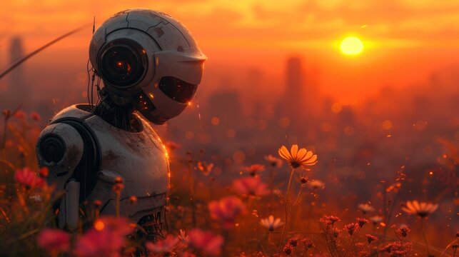  a robot standing in a field of flowers with the sun setting in the back ground and buildings in the back ground, with the sun setting in the middle of the distance.