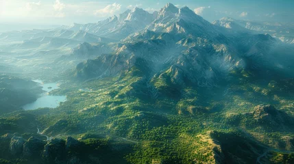 Fotobehang An Aerial Exploration of Untamed Beauty: Capturing the Abstract Textures, Patterns, and Natural Beauty of a Mountain Range in a Stunning Aerial Perspective © Fostor