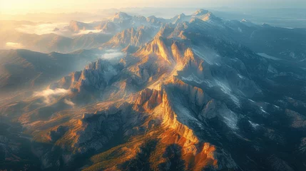 Foto op Plexiglas An Aerial Exploration of Untamed Beauty: Capturing the Abstract Textures, Patterns, and Natural Beauty of a Mountain Range in a Stunning Aerial Perspective © Fostor