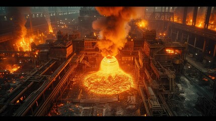 An Aerial Exploration of Industrial Might: Capturing the Textures of Molten Metal and Machinery, Highlighting the Intense Environment and Raw Power of Steel Production in a Stunning Aerial Perspective - obrazy, fototapety, plakaty