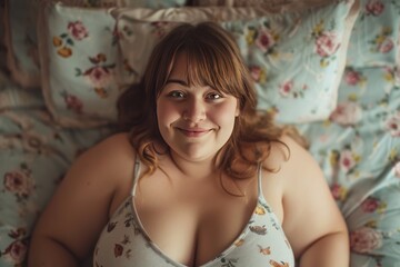 Happy and cheerful fat woman in bedroom looking at camera Concepts of health care, eating, weight control and happiness for obese people.