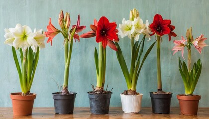various amaryllis flowers grown in pots house plants - obrazy, fototapety, plakaty