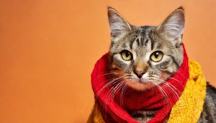 a cute cat dressed in red yellow scarf on orange background
