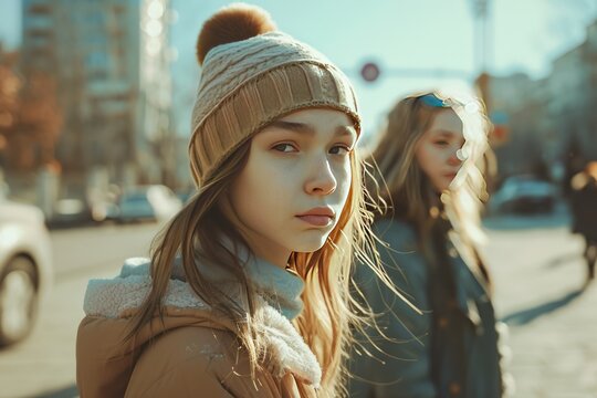 Fototapeta Upset teenage girl walking on a city street on a warm autumn day.
