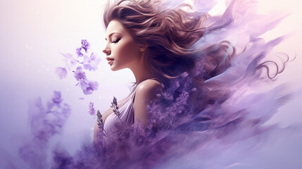 A mesmerizing human face adorned with a crown of vibrant purple flowers, a symbol of beauty and nature, set against an outdoor backdrop evoking a sense of freedom and artistry