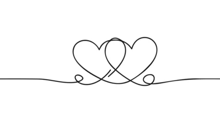 Poster Continuous line drawing of love sign with two hearts embrace minimalism design on white background. © artisttop