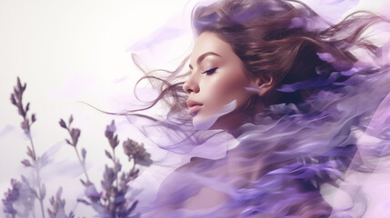 Fototapeta premium A dreamy girl, surrounded by a sea of violet and lavender flowers, embraces the serenity of closed eyes and wild, blowing hair, creating a beautiful and artistic representation of inner peace and fem