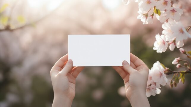 Greeting card template held by woman's hand, with spring background of cherry blossoms blooming in the garden.