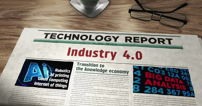 Industry 4.0 technology robotics and automation daily newspaper on table. Headlines news abstract concept 3d.