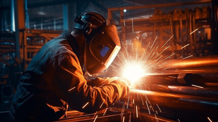 A skilled welder forges metal with precision and passion, creating a fiery display of sparks in the midst of a bustling factory