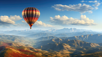 A hot air balloon flies over the mountainous terrain.