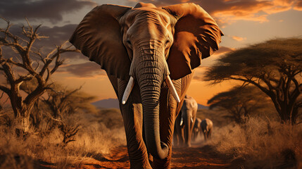 African elephant walking towards the viewer in the savannah against the backdrop of the sunset sky - obrazy, fototapety, plakaty