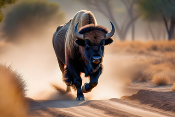 Powerful American bison bull running in the desert, creating a dust cloud
