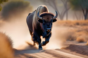 Muurstickers Powerful American bison bull running in the desert, creating a dust cloud © D