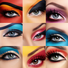 Vibrant hues and bold makeup adorn a mesmerizing collage of eyes, highlighting the intricate details of each lash, shadow, liner, and extension