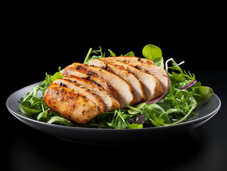 Juicy grilled chicken breast served with a fresh mixed greens salad on a white plate, isolated on black background.