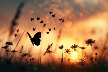 A beautiful butterfly gracefully flying over a field of colorful flowers. This image can be used to add a touch of nature and beauty to any project