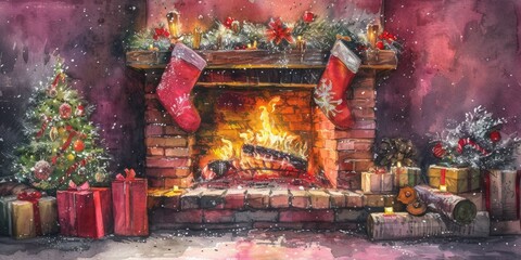 A beautiful watercolor painting of a cozy fireplace surrounded by presents. Perfect for holiday-themed designs and festive decorations