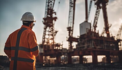 Roughneck (out of focus) looking at a huge oil rig being constructed