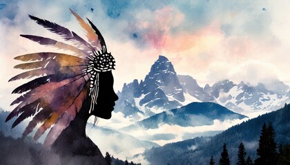 native american silhouette head morphing into mountains landscape feathers or totem animal...