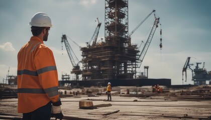 Roughneck (out of focus) looking at a huge oil rig being constructed