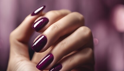 Hand with glossy, dark purple nails that reflect light at the tips.