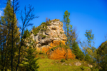 Red Rock in White Water nature reserve in autumn, Pieniny Mountains, Poland.