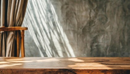 vintage wooden table with blowing curtains and sunlight on concrete wall tabletop product placement mockup home interior showcase