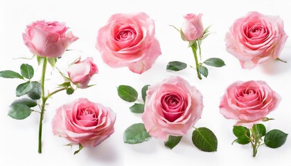 set of pink roses isolated on the white background