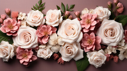 Obraz na płótnie Canvas Flower pattern made of pink, beige roses flower buds. Top view.